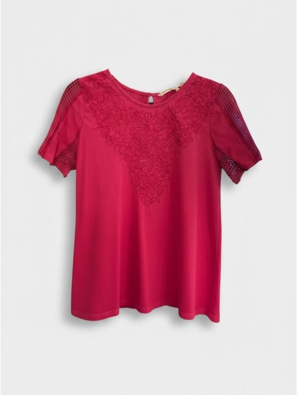 Soft Surroundings Raspberry Lace-Inset Short Sleeve Blouse